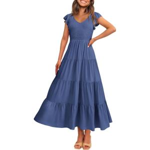 imagePRETTYGARDEN Womens Summer Flowy Maxi Dress Casual Cap Sleeve V Neck Smocked Beach SundressSolid Grey Blue