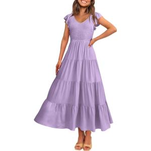 imagePRETTYGARDEN Womens Summer Flowy Maxi Dress Casual Cap Sleeve V Neck Smocked Beach SundressSolid Grey Purple