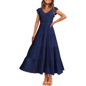 imagePRETTYGARDEN Womens Summer Flowy Maxi Dress Casual Cap Sleeve V Neck Smocked Beach SundressSolid Navy
