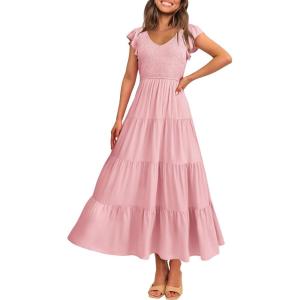 imagePRETTYGARDEN Womens Summer Flowy Maxi Dress Casual Cap Sleeve V Neck Smocked Beach SundressSolid Pink