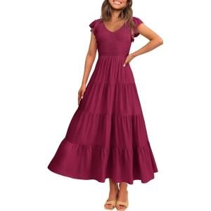 imagePRETTYGARDEN Womens Summer Flowy Maxi Dress Casual Cap Sleeve V Neck Smocked Beach SundressSolid Wine Red