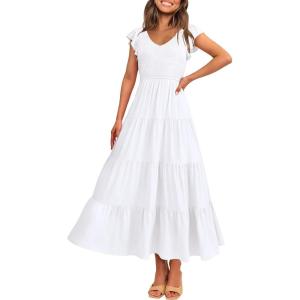 imagePRETTYGARDEN Womens Summer Flowy Maxi Dress Casual Cap Sleeve V Neck Smocked Beach SundressWhite