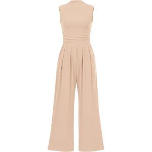 imagePRETTYGARDEN Womens Summer Jumpsuits Dressy Casual One Piece Outfits Sleeveless Mock Neck Wide Leg Pants Rompers with PocketsBeige