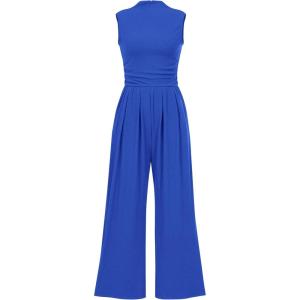 imagePRETTYGARDEN Womens Summer Jumpsuits Dressy Casual One Piece Outfits Sleeveless Mock Neck Wide Leg Pants Rompers with PocketsBlue
