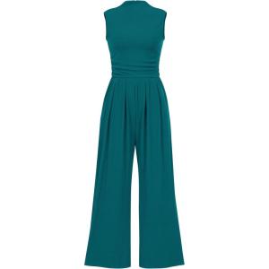 imagePRETTYGARDEN Womens Summer Jumpsuits Dressy Casual One Piece Outfits Sleeveless Mock Neck Wide Leg Pants Rompers with PocketsBlue Green