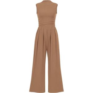 imagePRETTYGARDEN Womens Summer Jumpsuits Dressy Casual One Piece Outfits Sleeveless Mock Neck Wide Leg Pants Rompers with PocketsCamel