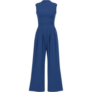 imagePRETTYGARDEN Womens Summer Jumpsuits Dressy Casual One Piece Outfits Sleeveless Mock Neck Wide Leg Pants Rompers with PocketsDark Blue