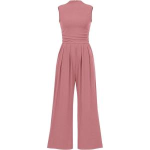 imagePRETTYGARDEN Womens Summer Jumpsuits Dressy Casual One Piece Outfits Sleeveless Mock Neck Wide Leg Pants Rompers with PocketsDusty Pink