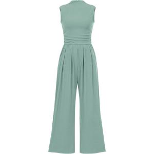 imagePRETTYGARDEN Womens Summer Jumpsuits Dressy Casual One Piece Outfits Sleeveless Mock Neck Wide Leg Pants Rompers with PocketsFruit Green