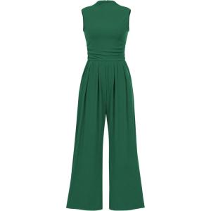 imagePRETTYGARDEN Womens Summer Jumpsuits Dressy Casual One Piece Outfits Sleeveless Mock Neck Wide Leg Pants Rompers with PocketsGreen