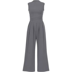 imagePRETTYGARDEN Womens Summer Jumpsuits Dressy Casual One Piece Outfits Sleeveless Mock Neck Wide Leg Pants Rompers with PocketsGrey