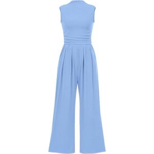 imagePRETTYGARDEN Womens Summer Jumpsuits Dressy Casual One Piece Outfits Sleeveless Mock Neck Wide Leg Pants Rompers with PocketsLight Blue