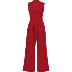 imagePRETTYGARDEN Womens Summer Jumpsuits Dressy Casual One Piece Outfits Sleeveless Mock Neck Wide Leg Pants Rompers with PocketsRed