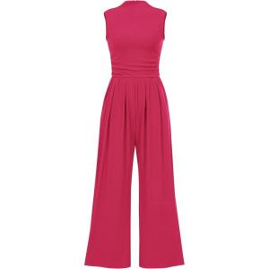 imagePRETTYGARDEN Womens Summer Jumpsuits Dressy Casual One Piece Outfits Sleeveless Mock Neck Wide Leg Pants Rompers with PocketsRose Red