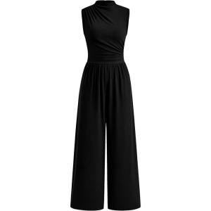 imagePRETTYGARDEN Womens Summer Jumpsuits Dressy Casual One Piece Outfits Sleeveless Mock Neck Wide Leg Pants Rompers with PocketsStyle2black