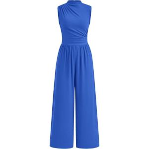 imagePRETTYGARDEN Womens Summer Jumpsuits Dressy Casual One Piece Outfits Sleeveless Mock Neck Wide Leg Pants Rompers with PocketsStyle2blue