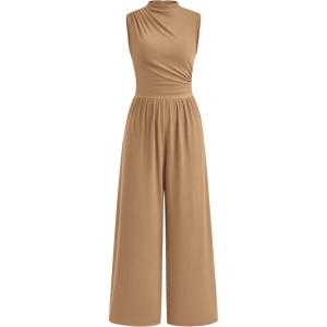 imagePRETTYGARDEN Womens Summer Jumpsuits Dressy Casual One Piece Outfits Sleeveless Mock Neck Wide Leg Pants Rompers with PocketsStyle2camel