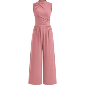 imagePRETTYGARDEN Womens Summer Jumpsuits Dressy Casual One Piece Outfits Sleeveless Mock Neck Wide Leg Pants Rompers with PocketsStyle2dusty Pink