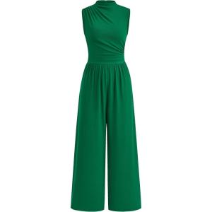 imagePRETTYGARDEN Womens Summer Jumpsuits Dressy Casual One Piece Outfits Sleeveless Mock Neck Wide Leg Pants Rompers with PocketsStyle2green