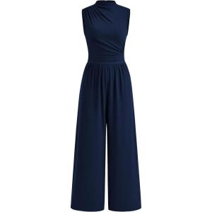 imagePRETTYGARDEN Womens Summer Jumpsuits Dressy Casual One Piece Outfits Sleeveless Mock Neck Wide Leg Pants Rompers with PocketsStyle2navy