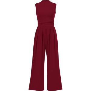 imagePRETTYGARDEN Womens Summer Jumpsuits Dressy Casual One Piece Outfits Sleeveless Mock Neck Wide Leg Pants Rompers with PocketsWine Red