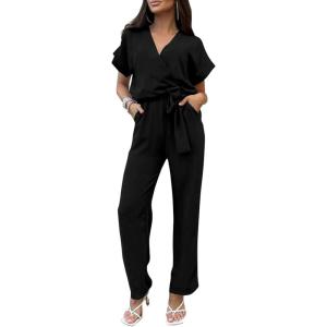 imagePRETTYGARDEN Womens Summer One Piece Jumpsuits Belted Short Sleeve Wrap V Neck Fashion Dressy Casual Wide Leg Pants RomperBlack