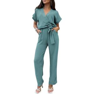 imagePRETTYGARDEN Womens Summer One Piece Jumpsuits Belted Short Sleeve Wrap V Neck Fashion Dressy Casual Wide Leg Pants RomperBlue Green