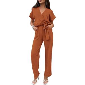 imagePRETTYGARDEN Womens Summer One Piece Jumpsuits Belted Short Sleeve Wrap V Neck Fashion Dressy Casual Wide Leg Pants RomperCaramel