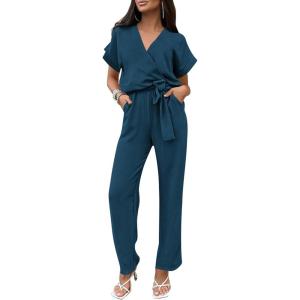 imagePRETTYGARDEN Womens Summer One Piece Jumpsuits Belted Short Sleeve Wrap V Neck Fashion Dressy Casual Wide Leg Pants RomperDark Blue