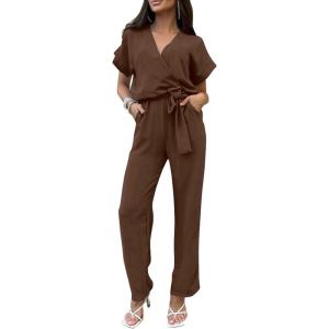 imagePRETTYGARDEN Womens Summer One Piece Jumpsuits Belted Short Sleeve Wrap V Neck Fashion Dressy Casual Wide Leg Pants RomperDark Brown