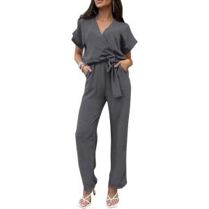 imagePRETTYGARDEN Womens Summer One Piece Jumpsuits Belted Short Sleeve Wrap V Neck Fashion Dressy Casual Wide Leg Pants RomperDark Grey