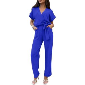 imagePRETTYGARDEN Womens Summer One Piece Jumpsuits Belted Short Sleeve Wrap V Neck Fashion Dressy Casual Wide Leg Pants RomperDark Royal Blue