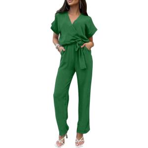 imagePRETTYGARDEN Womens Summer One Piece Jumpsuits Belted Short Sleeve Wrap V Neck Fashion Dressy Casual Wide Leg Pants RomperGreen