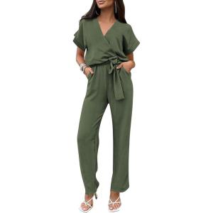 imagePRETTYGARDEN Womens Summer One Piece Jumpsuits Belted Short Sleeve Wrap V Neck Fashion Dressy Casual Wide Leg Pants RomperLight Army Green
