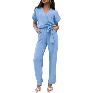 imagePRETTYGARDEN Womens Summer One Piece Jumpsuits Belted Short Sleeve Wrap V Neck Fashion Dressy Casual Wide Leg Pants RomperLight Blue