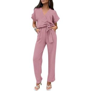 imagePRETTYGARDEN Womens Summer One Piece Jumpsuits Belted Short Sleeve Wrap V Neck Fashion Dressy Casual Wide Leg Pants RomperPink