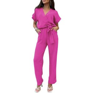 imagePRETTYGARDEN Womens Summer One Piece Jumpsuits Belted Short Sleeve Wrap V Neck Fashion Dressy Casual Wide Leg Pants RomperRose Red