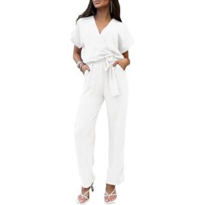 imagePRETTYGARDEN Womens Summer One Piece Jumpsuits Belted Short Sleeve Wrap V Neck Fashion Dressy Casual Wide Leg Pants RomperWhite