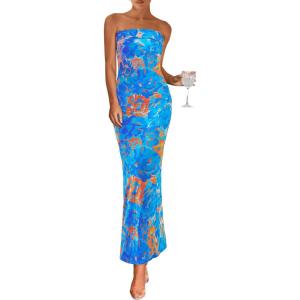 imagePRETTYGARDEN Womens Summer Printed Tube Maxi Dress Strapless Bodycon Sleeveless Night Out Long DressesFloral Light Blue
