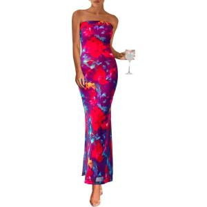 imagePRETTYGARDEN Womens Summer Printed Tube Maxi Dress Strapless Bodycon Sleeveless Night Out Long DressesNavy Red Flower