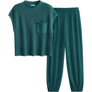 imagePRETTYGARDEN Womens Two Piece Outfits Sweater Sets Knit Pullover Tops And High Waisted Pants Matching Tracksuit Sweatsuit SetBlue Green