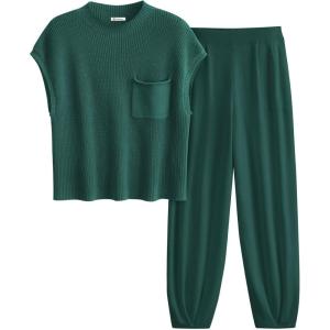 imagePRETTYGARDEN Womens Two Piece Outfits Sweater Sets Knit Pullover Tops And High Waisted Pants Matching Tracksuit Sweatsuit SetDark Green