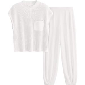 imagePRETTYGARDEN Womens Two Piece Outfits Sweater Sets Knit Pullover Tops And High Waisted Pants Matching Tracksuit Sweatsuit SetWhite