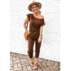imagePRETTYGARDEN Jumpsuits for Women 2025 Dressy Casual Off Shoulder Romper Outfits Spring Vacation Travel Summer Lounge ClothesLight Brown