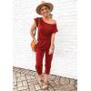 imagePRETTYGARDEN Jumpsuits for Women 2025 Dressy Casual Off Shoulder Romper Outfits Spring Vacation Travel Summer Lounge ClothesRed