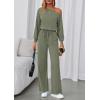 imagePRETTYGARDEN Long Sleeve Jumpsuit For Women Dressy 2025 Off Shoulder One Piece Loose Wide Leg Jumpsuits Casual Flowy RomperBean Green
