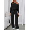 imagePRETTYGARDEN Long Sleeve Jumpsuit For Women Dressy 2025 Off Shoulder One Piece Loose Wide Leg Jumpsuits Casual Flowy RomperBlack