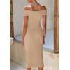 imagePRETTYGARDEN Summer Dresses for Women 2025 Formal Off The Shoulder Midi Bodycon Ribbed Knit Spring Wedding Guest DressKhaki
