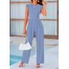 imagePRETTYGARDEN Summer Jumpsuits for Women Dressy 2025 Fashion Ruffle Cap Sleeve Romper Crew Neck Rib Knit One Piece OutfitsBlue Grey