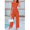 imagePRETTYGARDEN Summer Jumpsuits for Women Dressy 2025 Fashion Ruffle Cap Sleeve Romper Crew Neck Rib Knit One Piece OutfitsBrick Red